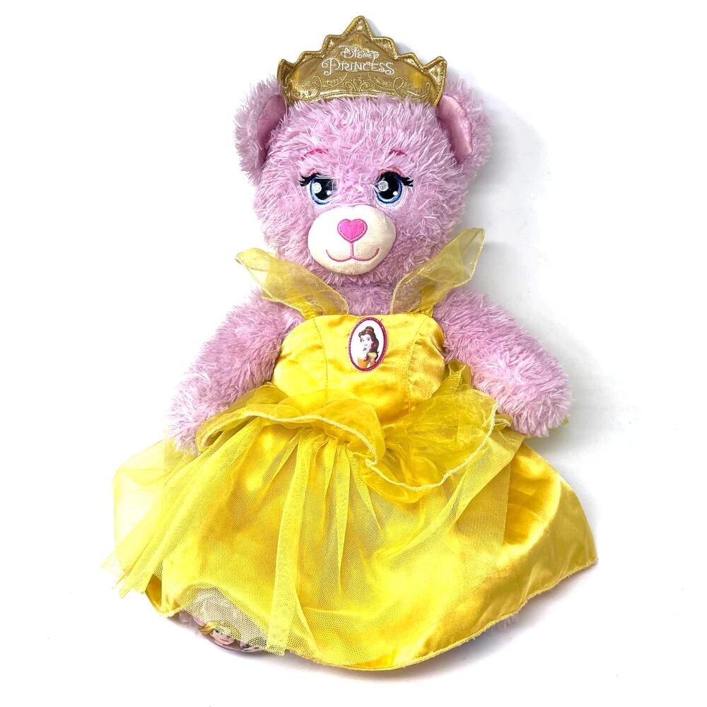 Build a Bear Disney Princess Pink Kitty Cat Plush Yellow Belle Dress Crown BABW